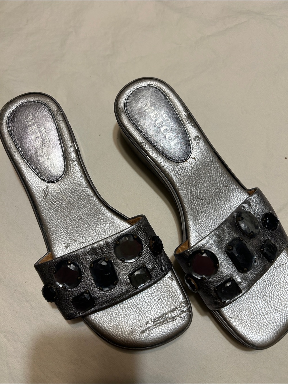 Sesto Meucci Metallic Silver Jeweled Slide Sandals